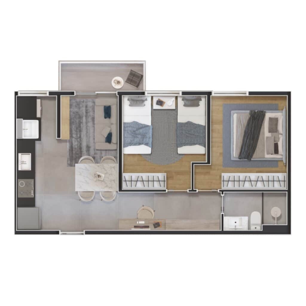 Apartamento GreenPark Residence com 2 quartos, varanda e área de lazer moderna.