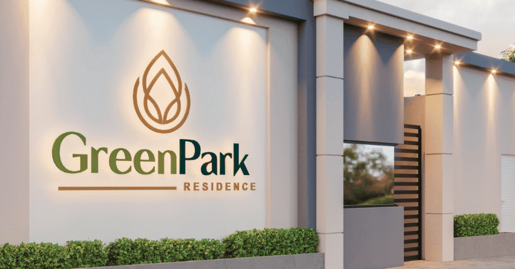 Fachada do GreenPark Residence com design contemporâneo e iluminação acolhedora.